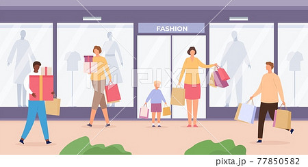 Shop street with people. Urban landscape with store showcases with mannequins and customers walking with shopping bags, flat vector concept 77850582
