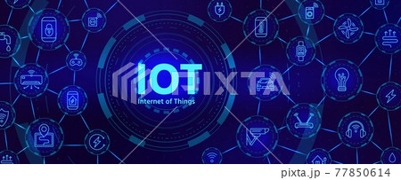 Iot technology. Digital banner for internet of things or smart home device network with icons. Futuristic innovation industry vector concept 77850614