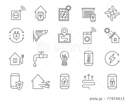 Smart house system icons. Home network, wifi automation internet technology for security, light, heat thermostat and electricity, vector set 77850615