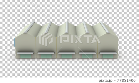 The appearance of the factory with a triangular roof. 3D rendering. White background. The appearance of the factory with a triangular roof. 3D rendering. White background. 77851406