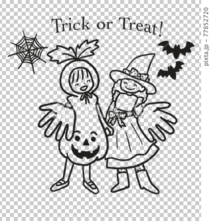 Line drawing illustration of a smiling girl in Halloween costume 77852720