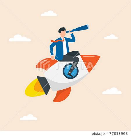 Businessman with spyglass flying on rocket. Start up business concept. Businessman with spyglass flying on rocket. Start up business concept. 77853968