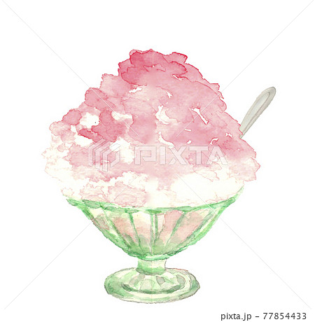 水彩画：レトロな器にいちご味かき氷 素材 白バック 77854433