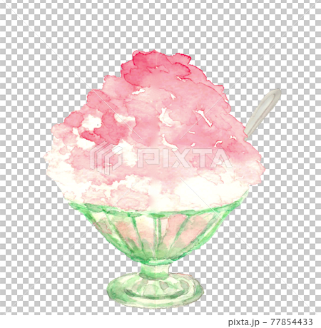水彩画：レトロな器にいちご味かき氷 素材 白バック 77854433