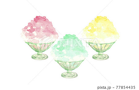 水彩画：レトロな器にレモン味 イチゴ メロン レモン かき氷 素材 白バック 77854435