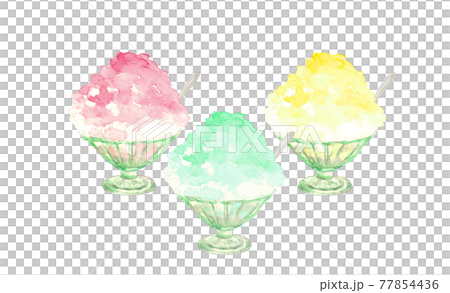 水彩画：レトロな器にレモン味 イチゴ メロン レモン かき氷 スプーン付き 素材 白バック 77854436