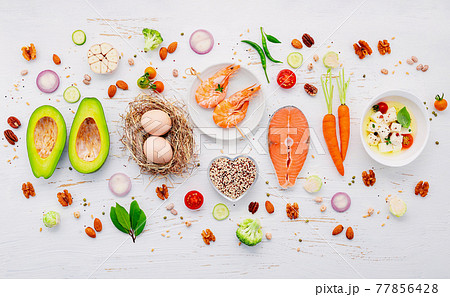 Ketogenic low carbs diet concept. Ingredients for healthy foods selection set up on white wooden background. 77856428