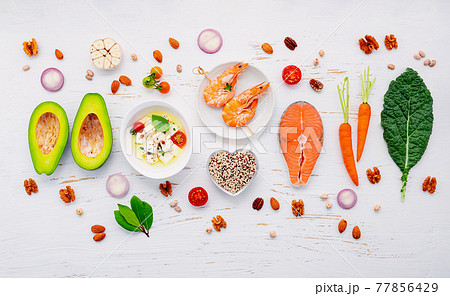 Ketogenic low carbs diet concept. Ingredients for healthy foods selection set up on white wooden background. 77856429