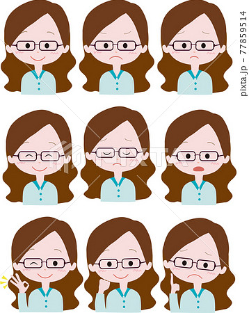 メガネ女性のイラスト表情セット 喜怒哀楽アイコンのイラスト素材