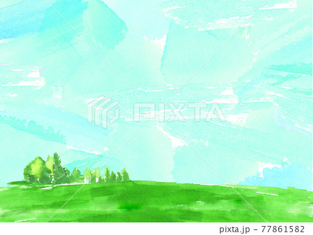 水彩で描いた青空と芝生のある風景 77861582