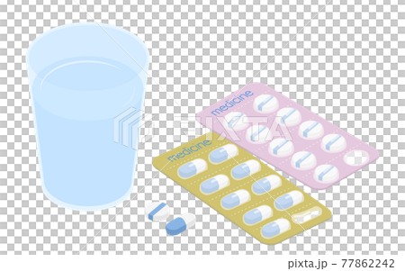 Medication image, taking medicine out of the sheet and drinking with water, isometric 77862242
