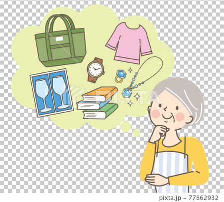 フリーマーケットで販売する商品を考えているシニア女性のイラスト素材