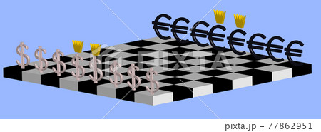 The concept of the struggle between the dollar and the euro. Chessboard with three-dimensional figures of currencies 77862951