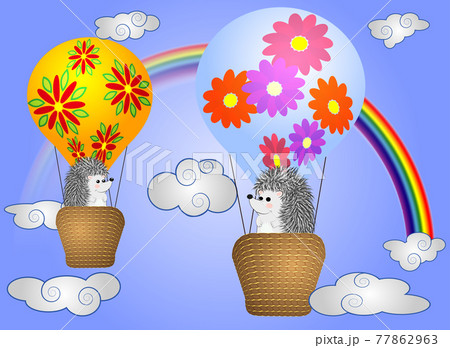 Lovely little hedgehogs fly into cartoons, large bulky balloons in the sky amidst white clouds and a rainbow. Flying, happiness, freedom Lovely little hedgehogs fly into cartoons, large bulky balloons in the sky amidst white clouds and a rainbow. Flying, happiness, freedom 77862963