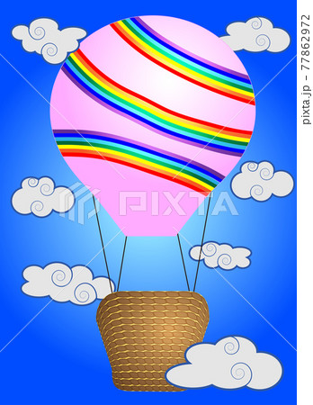 A few Vivid, cartoonish, large volumetric balloons with a basket in the sky amidst white clouds and a rainbow. Flying, freedom A few Vivid, cartoonish, large volumetric balloons with a basket in the sky amidst white clouds and a rainbow. Flying, freedom 77862972