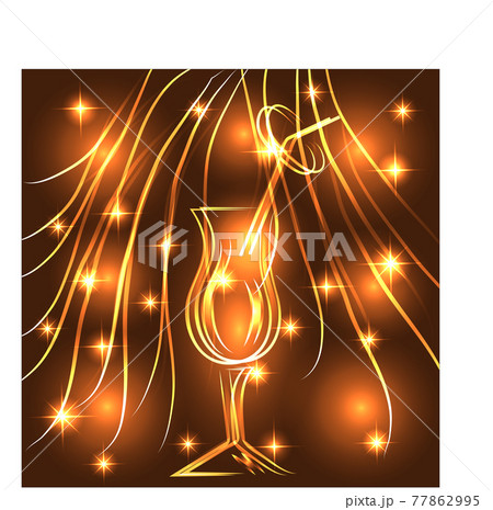 Golden elegant outline of a glass with a drink, with neon lights 77862995