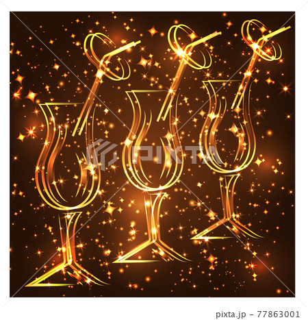 Golden elegant outline of a glass with a drink, with neon lights Golden elegant outline of a glass with a drink, with neon lights 77863001