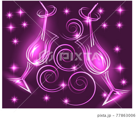 Golden elegant outline of a glass with a drink, with neon lights Golden elegant outline of a glass with a drink, with neon lights 77863006