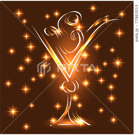 Golden elegant outline of a glass with a drink, with neon lights in golden tones Golden elegant outline of a glass with a drink, with neon lights in golden tones 77863013
