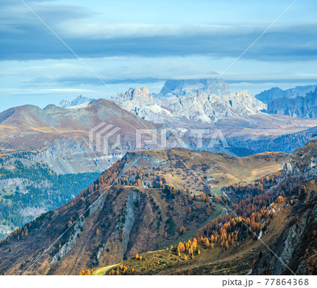 Autumn alpine Dolomites mountain scene near Pordoi Pass, Trentino , Italy. Autumn alpine Dolomites mountain scene near Pordoi Pass, Trentino , Italy. 77864368
