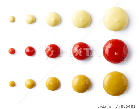 Ketchup mayonnaise and mustard isolated on white, from above Ketchup mayonnaise and mustard isolated on white, from above 77865481