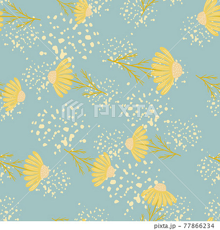 Hand drawn random yellow daisy flowers seamless pattern. Blue background with splashes. Vintage style. Hand drawn random yellow daisy flowers seamless pattern. Blue background with splashes. Vintage style. 77866234