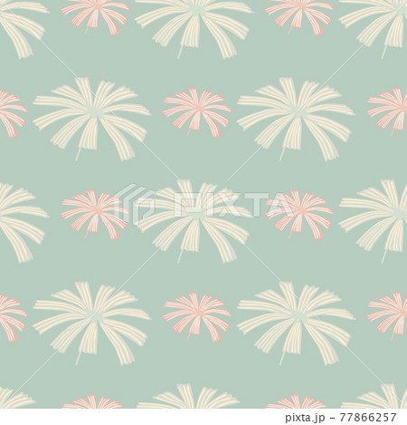 Pastel tones seamless pattern with hand drawn palm licuala silhouettes ornament. Green background. Pastel tones seamless pattern with hand drawn palm licuala silhouettes ornament. Green background. 77866257