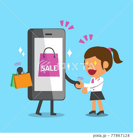 Cartoon Smartphone With Shopping Bag Shake Hand のイラスト素材