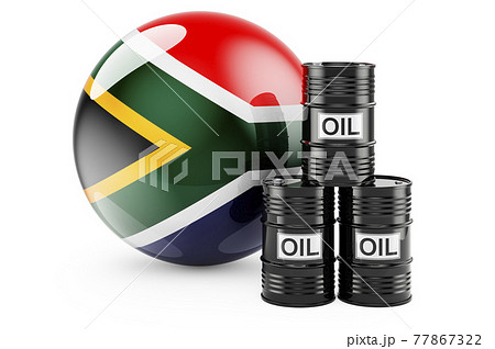 Oil barrels with South African flag. Oil production or trade in South Africa concept, 3D rendering Oil barrels with South African flag. Oil production or trade in South Africa concept, 3D rendering 77867322