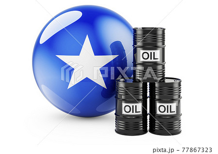 Oil barrels with Somali flag. Oil production or trade in Somalia concept, 3D rendering Oil barrels with Somali flag. Oil production or trade in Somalia concept, 3D rendering 77867323