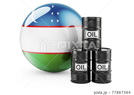 Oil barrels with Uzbek flag. Oil production or trade in Uzbekistan concept, 3D rendering Oil barrels with Uzbek flag. Oil production or trade in Uzbekistan concept, 3D rendering 77867364