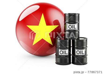 Oil barrels with Vietnamese flag. Oil production or trade in Vietnam concept, 3D rendering Oil barrels with Vietnamese flag. Oil production or trade in Vietnam concept, 3D rendering 77867371