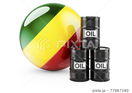 Oil barrels with Congolese flag. Oil production or trade in Congo concept, 3D rendering Oil barrels with Congolese flag. Oil production or trade in Congo concept, 3D rendering 77867380