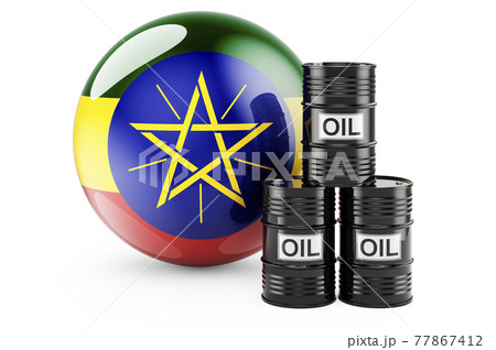 Oil barrels with Ethiopian flag. Oil production or trade in Ethiopia concept, 3D rendering Oil barrels with Ethiopian flag. Oil production or trade in Ethiopia concept, 3D rendering 77867412