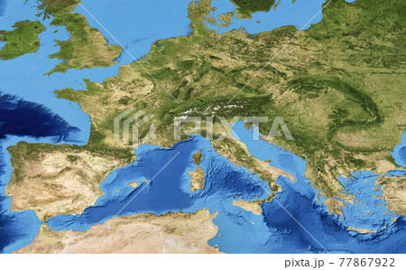 Europe flat view from space, detailed map on global satellite photo 77867922