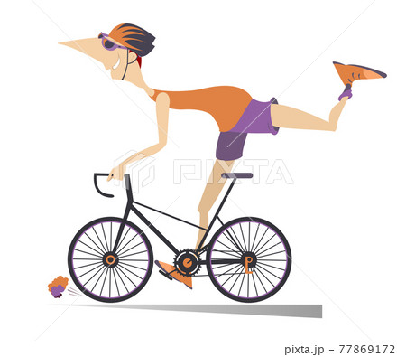 Comic young man rides a bike illustration. Smiling man in helmet and sunglasses rides a bike and looks healthy and happy isolated on white Comic young man rides a bike illustration. Smiling man in helmet and sunglasses rides a bike and looks healthy and happy isolated on white 77869172
