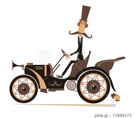 Comic man in the top hat drives a retro car illustration. Long mustache gentleman in the top hat drives a retro car isolated on white Comic man in the top hat drives a retro car illustration. Long mustache gentleman in the top hat drives a retro car isolated on white 77869173