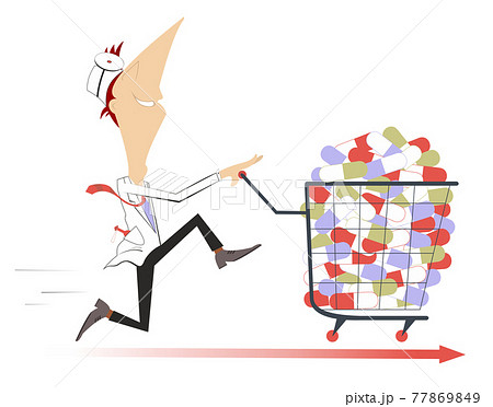 Hurry doctor with a trolley full of pills illustration. Cheerfulness doctor with a trolley full of pills isolated on white Hurry doctor with a trolley full of pills illustration. Cheerfulness doctor with a trolley full of pills isolated on white 77869849