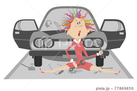 Sad young woman and broken car illustration. Upset woman with wrenches in the hands sits near a broken the car isolated on white Sad young woman and broken car illustration. Upset woman with wrenches in the hands sits near a broken the car isolated on white 77869850