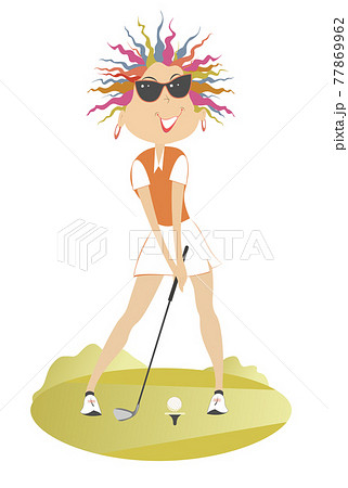 Young woman a golfer on the golf course illustration. Cartoon golfer woman in sunglasses aiming to do a good kick from the stand isolated on white Young woman a golfer on the golf course illustration. Cartoon golfer woman in sunglasses aiming to do a good kick from the stand isolated on white 77869962