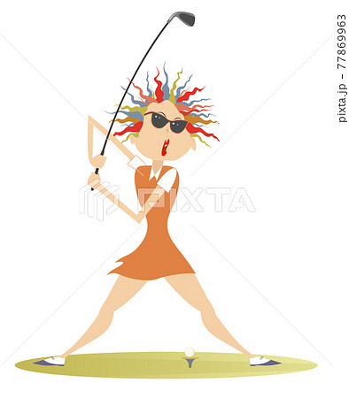 Young woman a golfer on the golf course illustration. Cartoon golfer woman in sunglasses aiming to do a good kick from the stand isolated on white Young woman a golfer on the golf course illustration. Cartoon golfer woman in sunglasses aiming to do a good kick from the stand isolated on white 77869963