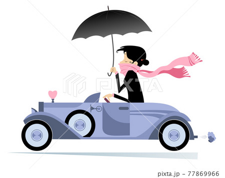 Pretty woman drives car illustration.  Elegant young woman with a long pink scarf round her neck and umbrella drives a cabriolet isolated on white 77869966