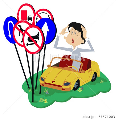 Puzzled young woman a driver isolated illustration. Funny young woman in the car puts hands on the head and looks at the road signs Puzzled young woman a driver isolated illustration. Funny young woman in the car puts hands on the head and looks at the road signs 77871003
