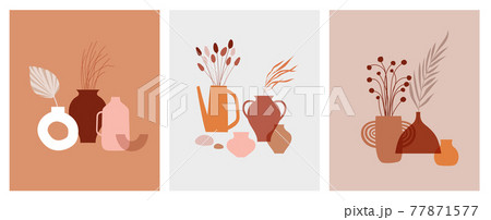 Abstract bohemian art aesthetic design. Arrangements of pottery and ceramic pots, vases with dry Abstract bohemian art aesthetic design. Arrangements of pottery and ceramic pots, vases with dry 77871577