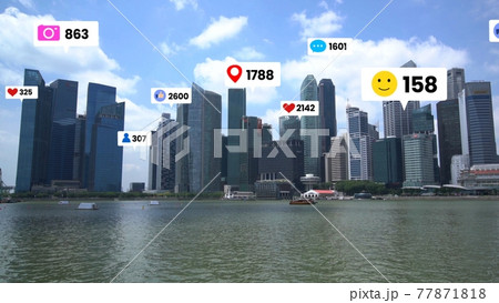 Social media icons fly over city downtown showing people engagement connection Social media icons fly over city downtown showing people engagement connection 77871818