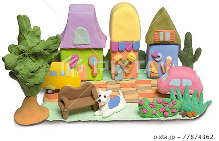 紙粘土で作った家と庭の風景のイラスト素材