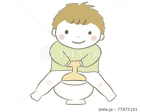 おまるに座ってトイトレを笑顔でするかわいい男の子のイラスト素材