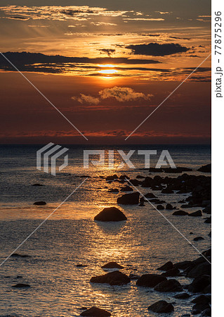 海に落ちる夕日とオレンジ色の空 北海道余市町 海に落ちる夕日とオレンジ色の空 北海道余市町 77875296