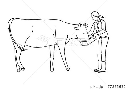農業女子　酪農女子　酪農　女性　イラスト　牛乳　白黒　モノクロ 77875632