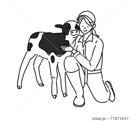 農業女子　酪農女子　酪農　女性　イラスト　牛乳　白黒　モノクロ 77875637